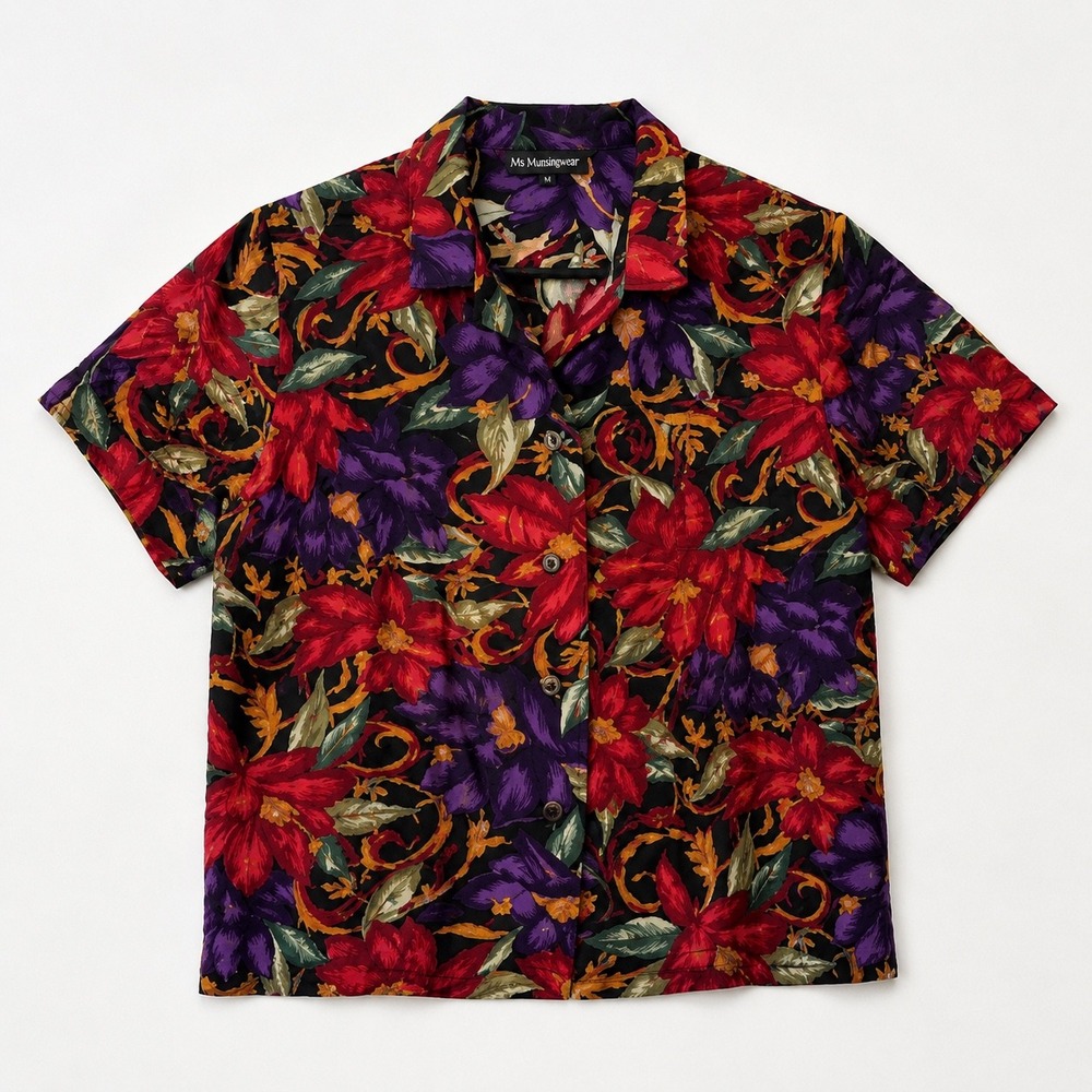 Vtg Sag Harbor Tropical dopamine Floral Top Shirt Burgundy Maximalist Grannycore